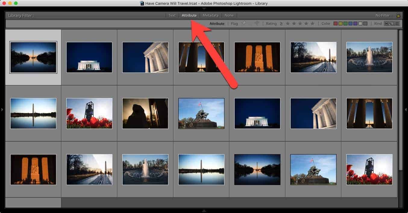 Screenshot of Lightroom Classic filtering from attribute virtual copy to separate from master originals