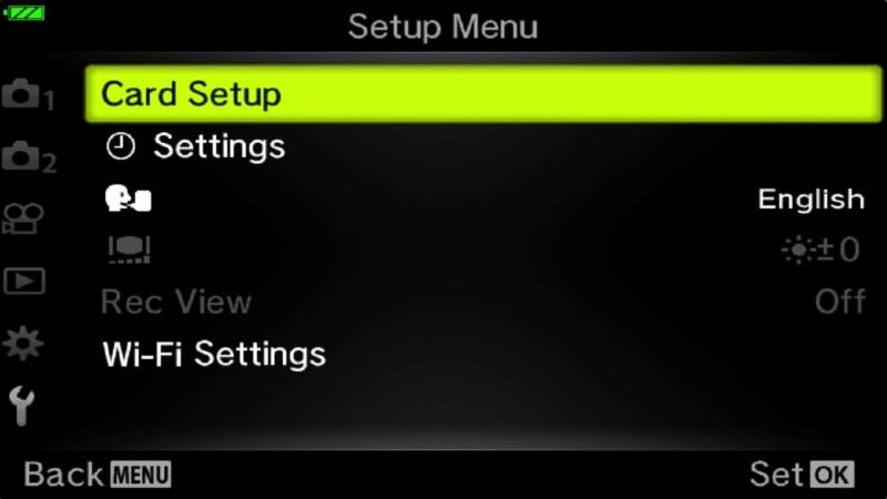 Olympus TG-5 Setup Menu screen with Card Setup option highlighted in green