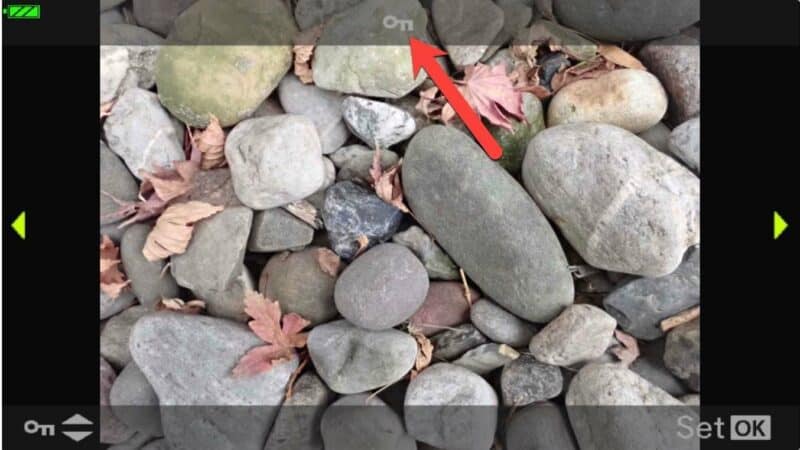 Olympus TG-5 playback screen with red arrow pointing to the protect key icon on a pebble photo