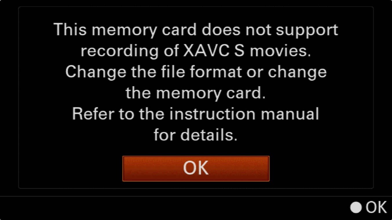 Sony a6000 XAVC S warning about memory card