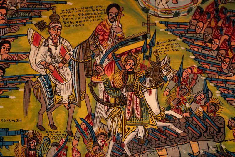 Detail of a traditional Ethiopian painting showing mounted warriors with spears in battle