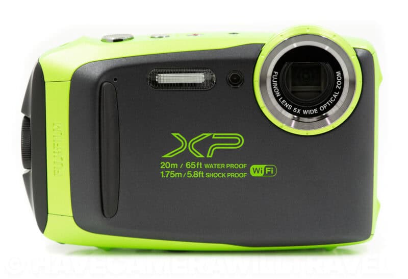 Fujifilm FinePix XP130 waterproof camera in gray and lime green, angled to show its lens