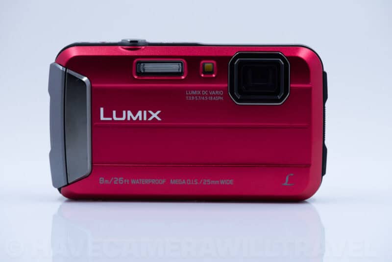 Panasonic Lumix DMC-TS30 waterproof camera in red, front view showing lens and flash