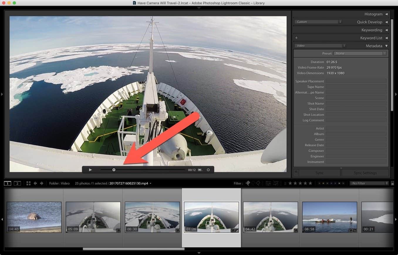 Screenshot of Lightroom Classic process for extracting a single JPG frame from a video