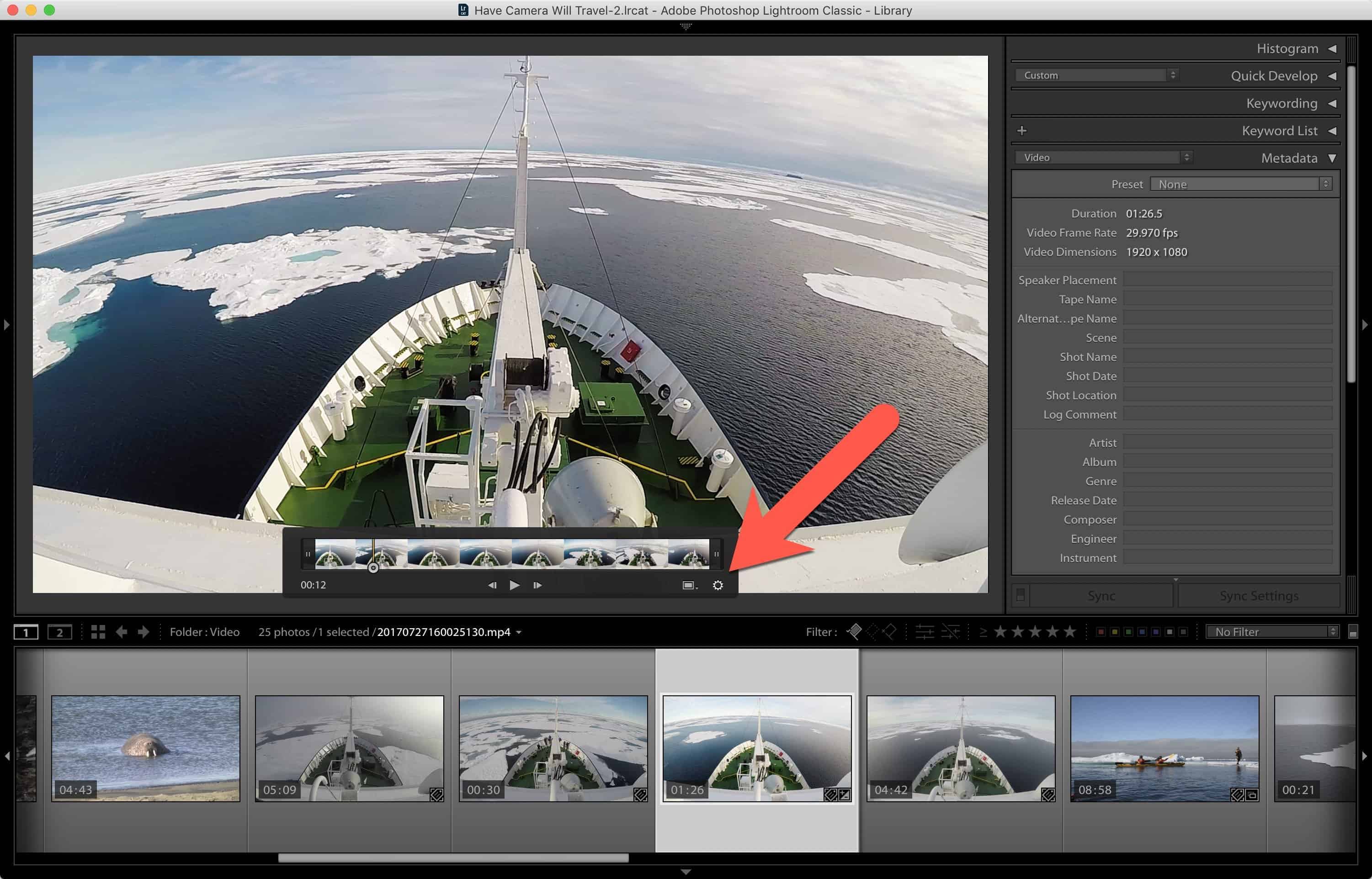Screenshot of Lightroom Classic process for extracting a single JPG frame from a video