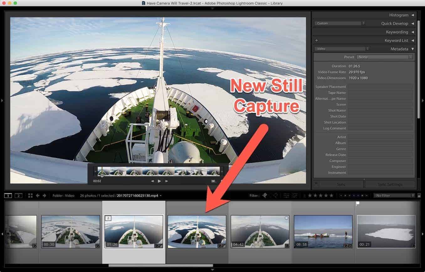 Screenshot of Lightroom Classic process for extracting a single JPG frame from a video