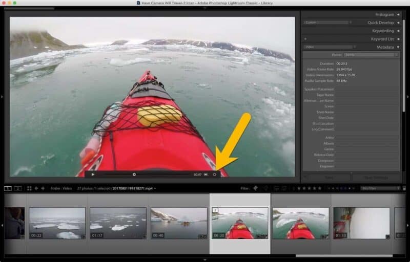Lightroom Classic library view with a kayaking video open, yellow arrow pointing to the trim tool icon