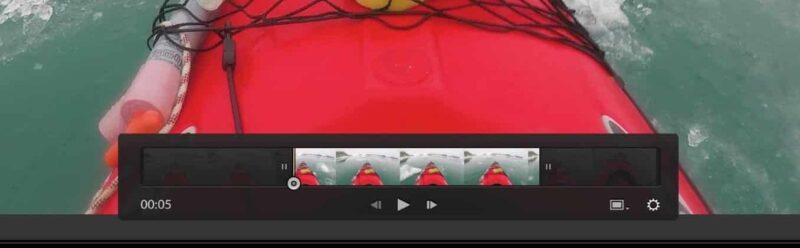 Trimmed video clip in Lightroom's trim bar, shortened to a five-second selection over a kayak scene