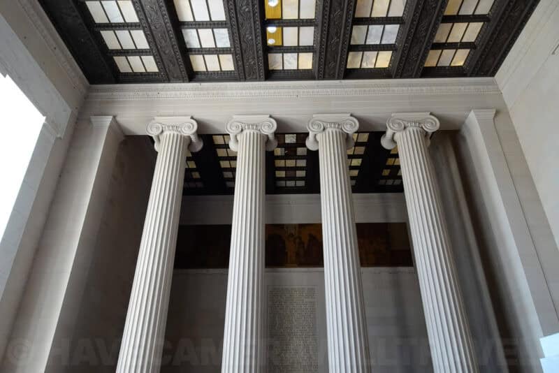 Ionic marble columns and gilded coffered ceiling inside the Lincoln Memorial