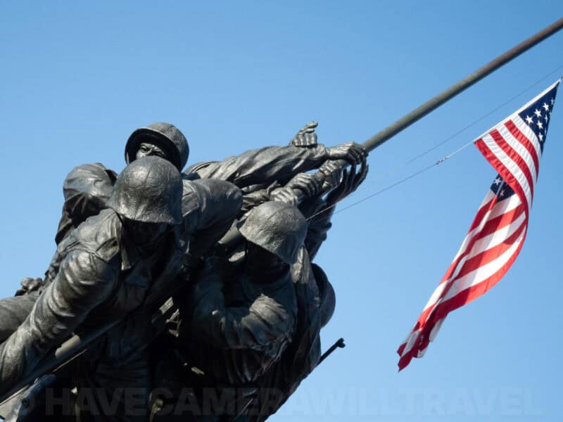 Iwo Jima Marine Corps War Memorial statue with soldiers raising the American flag