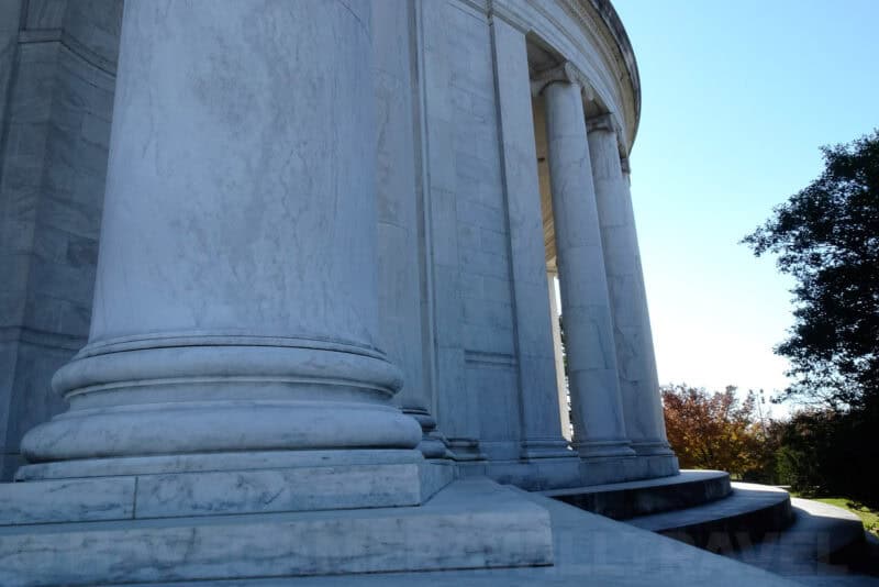 Close-up of white marble columns and colonnade at the Jefferson Memorial in Washington DC