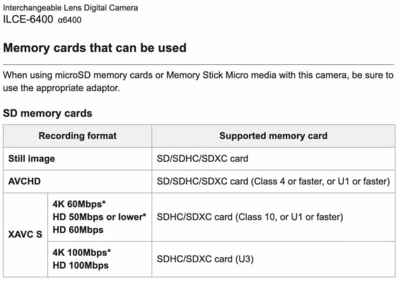 Sony a6400 official SD card recommendations from manual.jpeg Sony a6400 manual page listing compatible SD, SDHC and SDXC card classes for still and XAVC S video recording