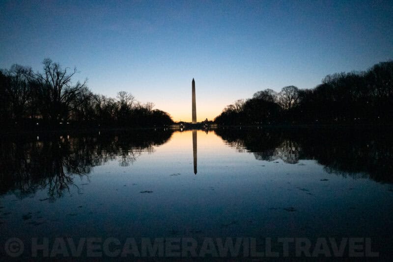 Washington Monument silhouette reflected in the Reflecting Pool at twilight