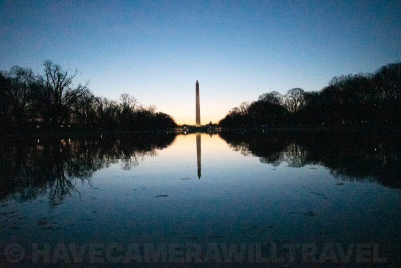 Washington Monument silhouette mirrored in the Reflecting Pool at dusk