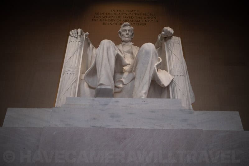 Abraham Lincoln statue viewed from below inside the Lincoln Memorial