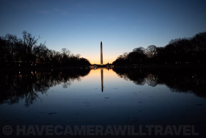 Washington Monument reflected in the Lincoln Memorial Reflecting Pool at dusk