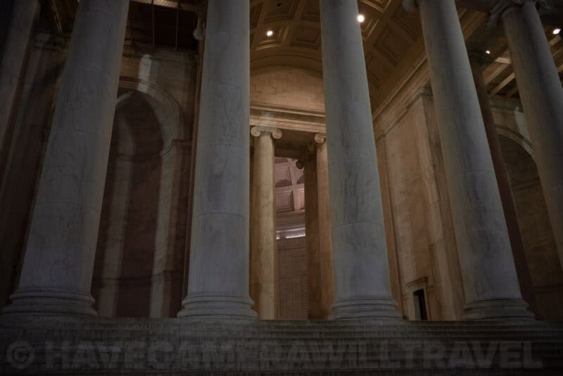Interior columns and dome of the Jefferson Memorial in soft light