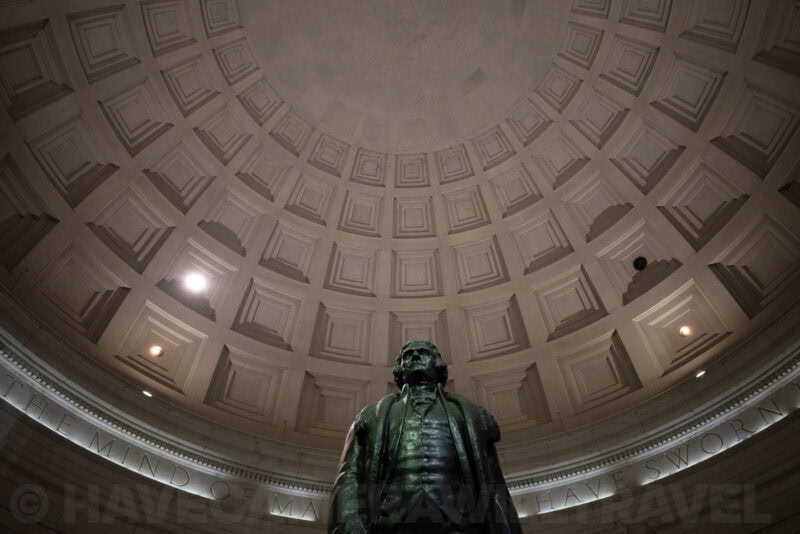 Thomas Jefferson statue viewed from below beneath the memorial's coffered dome