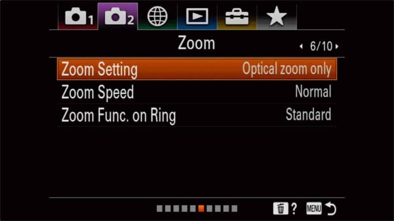 Sony RX100 VII Zoom menu screen showing Zoom Setting, Zoom Speed and Zoom Func. on Ring