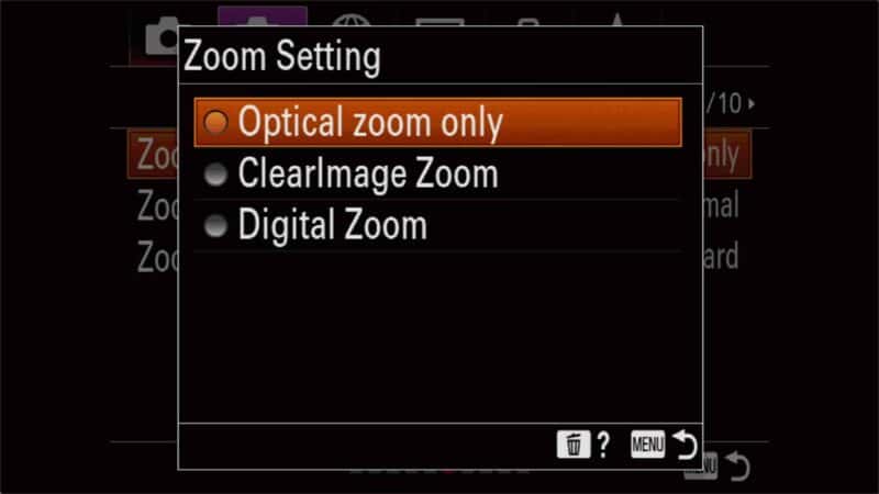 Sony RX100 VII Zoom Setting menu with Optical zoom only option highlighted in orange