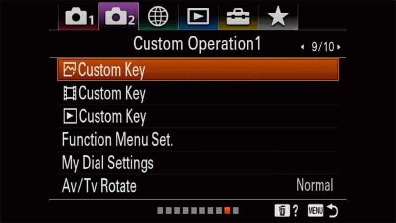 Sony RX100 VII Custom Operation1 menu with Custom Key option highlighted