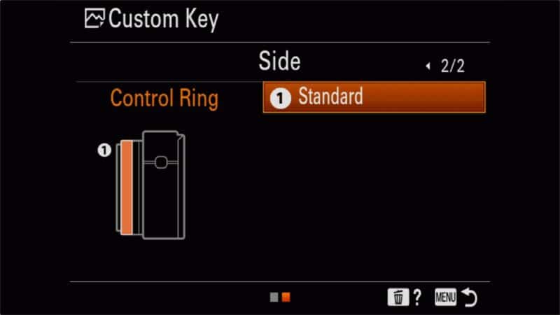 Sony RX100 VII Custom Key screen setting the Control Ring to Standard