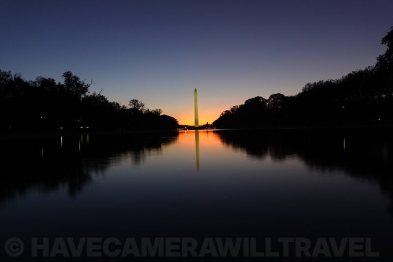 Washington Monument at dawn reflected in the Lincoln Memorial Reflecting Pool, ISO 64 sample shot