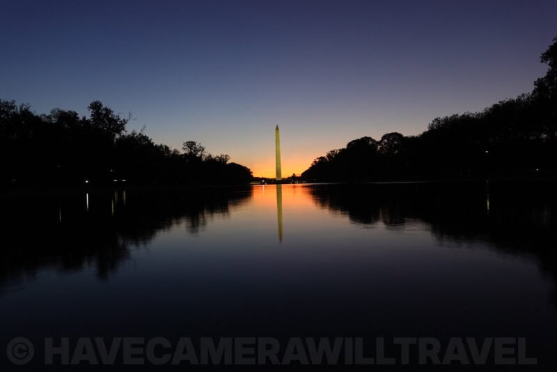 Washington Monument obelisk mirrored in the reflecting pool at dawn, ISO 160 sample image