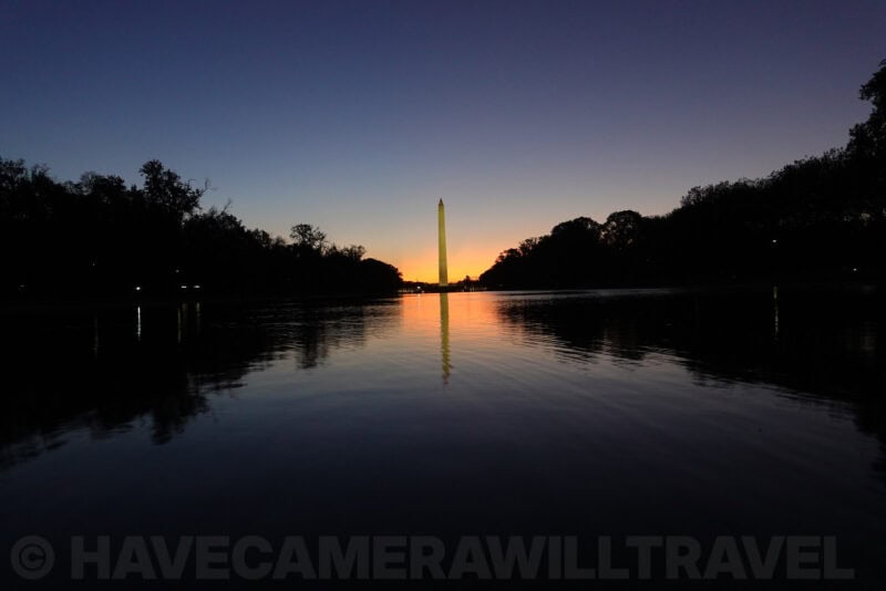 Washington Monument mirrored in rippling water at dawn, ISO 640 test photo