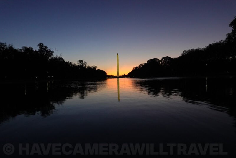 Washington Monument at sunrise with soft ripples across the reflecting pool, ISO 800 sample