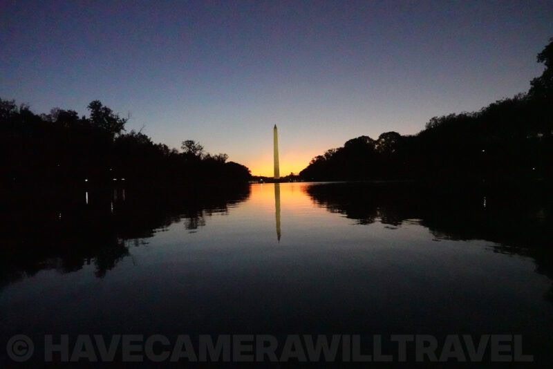 Washington Monument silhouette at sunrise showing high-ISO noise across the frame, ISO 12800 sample