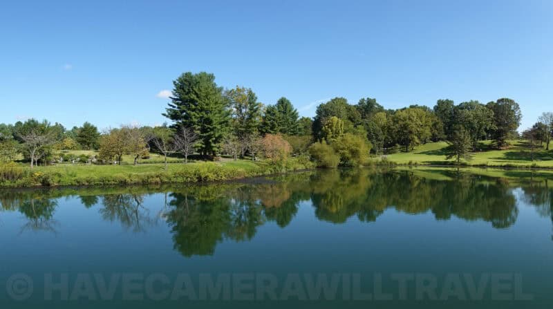 Standard aspect ratio panorama sample showing a pond, grassy shoreline and trees for Sony RX100 VII test