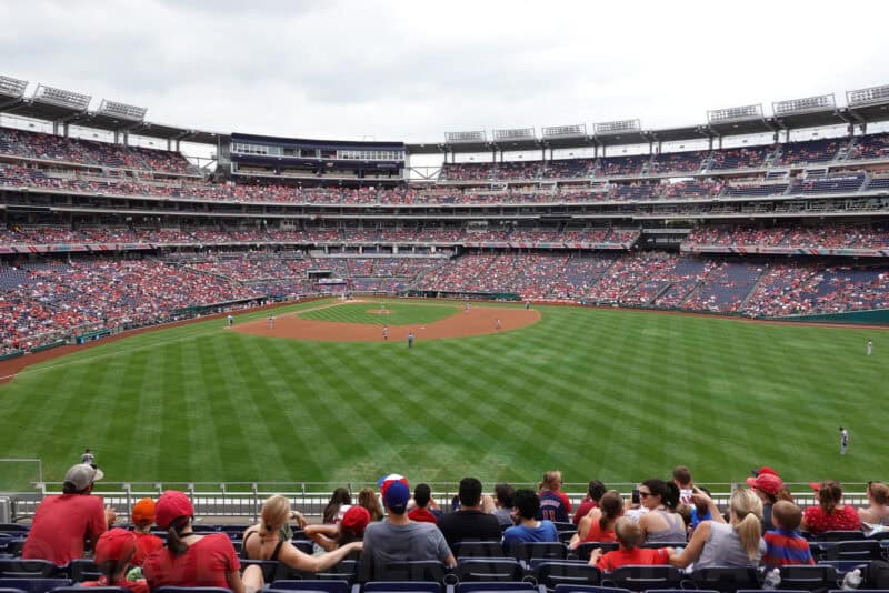 Wide shot of a packed baseball stadium at Nationals Park taken at 24mm zoomed out