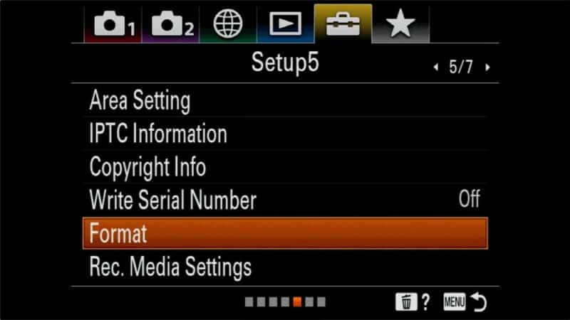 Sony a7R IV How to Format SD Cards-1.jpeg Sony a7R IV Setup5 menu screen with the Format option highlighted in orange