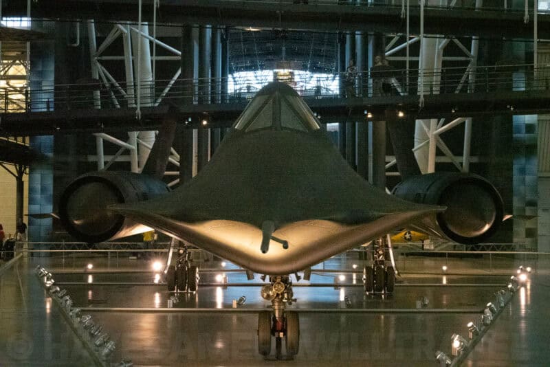 SR-71 Blackbird spy plane viewed head-on beneath the Udvar-Hazy Center's steel rafters
