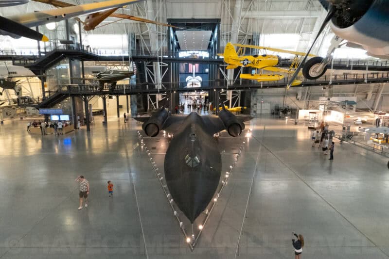 Lockheed SR-71 Blackbird spy plane displayed nose-on inside the Udvar-Hazy Air and Space Museum hangar