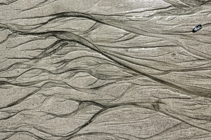 Close-up of rippled wet sand patterns on a beach with a small shell