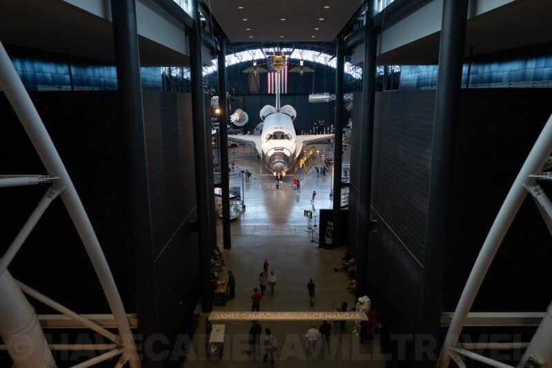 Space shuttle displayed nose-on inside the James S. McDonnell Space Hangar