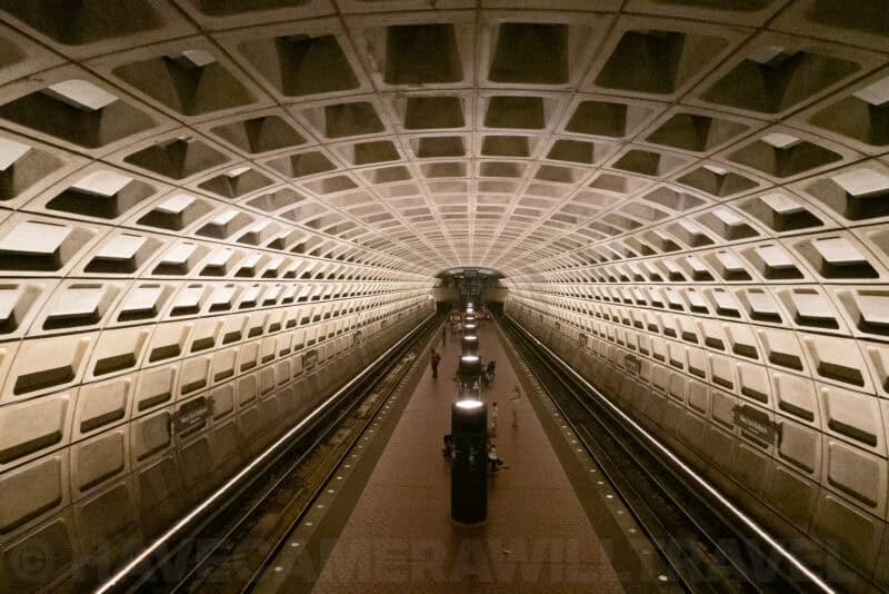Washington DC Metro subway platform with its coffered concrete arched ceiling