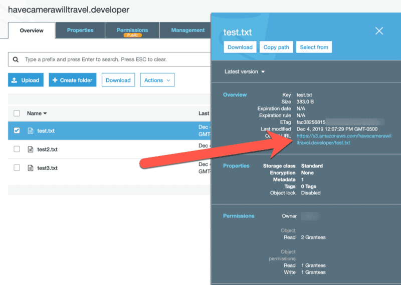 S3 object detail panel for test.txt with an arrow pointing to its public object URL link