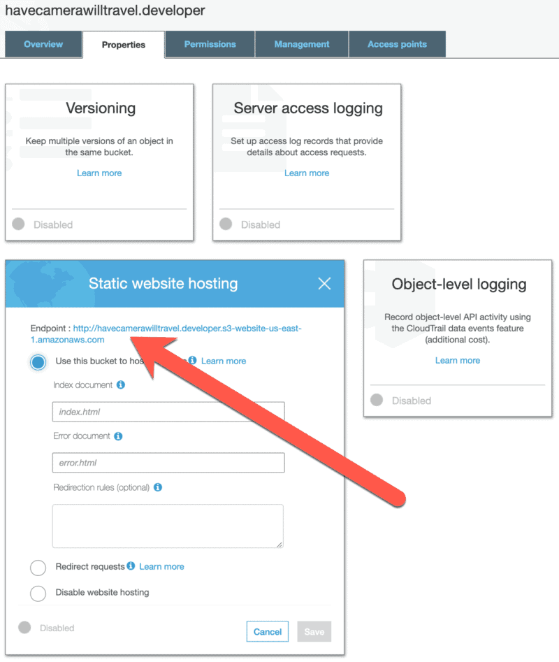 S3 bucket Properties tab highlighting the static website hosting endpoint URL under Static website hosting