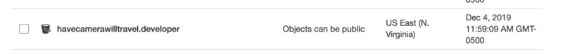 S3 bucket list row showing havecamerawilltravel.developer bucket with Objects can be public access status