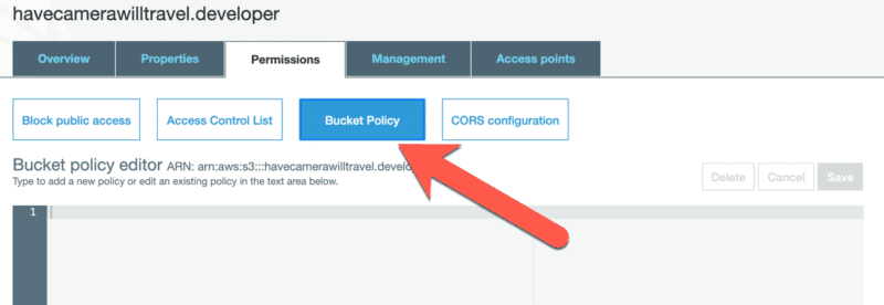 S3 bucket Permissions tab with arrow pointing to the Bucket Policy button and empty policy editor