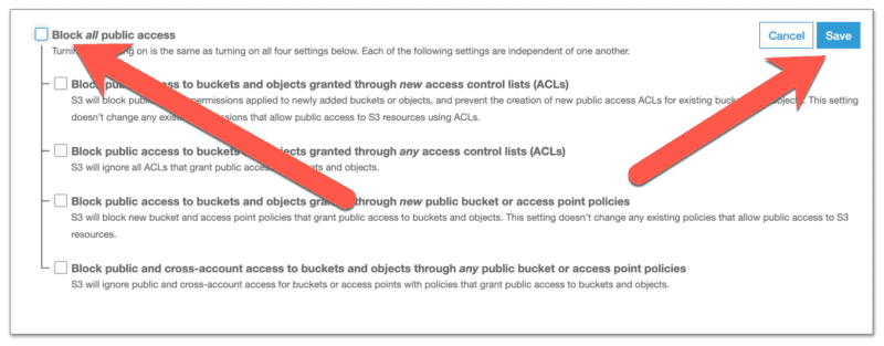 S3 Block public access settings dialog with all checkboxes unchecked and Save button highlighted
