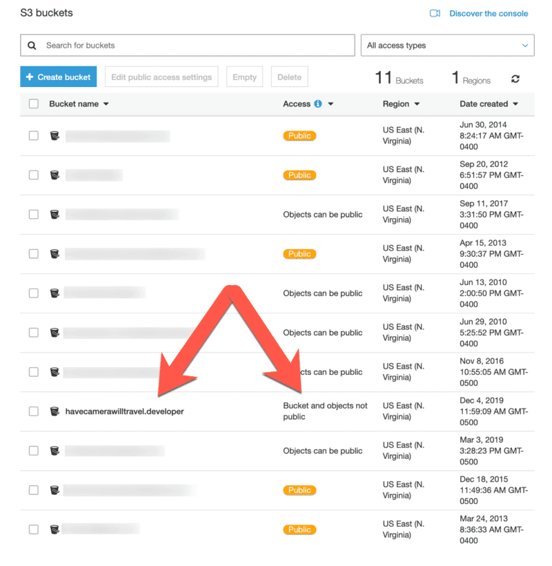 Amazon S3 console bucket list with arrows pointing to a bucket marked bucket and objects not public