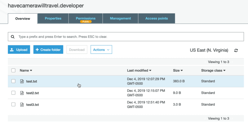 S3 bucket Overview screen listing test.txt, test2.txt, and test3.txt files with sizes and dates