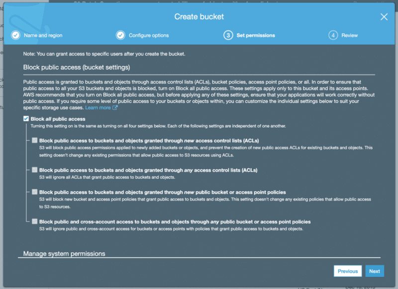 AWS S3 create bucket wizard showing the Set Permissions step with Block all public access checkbox
