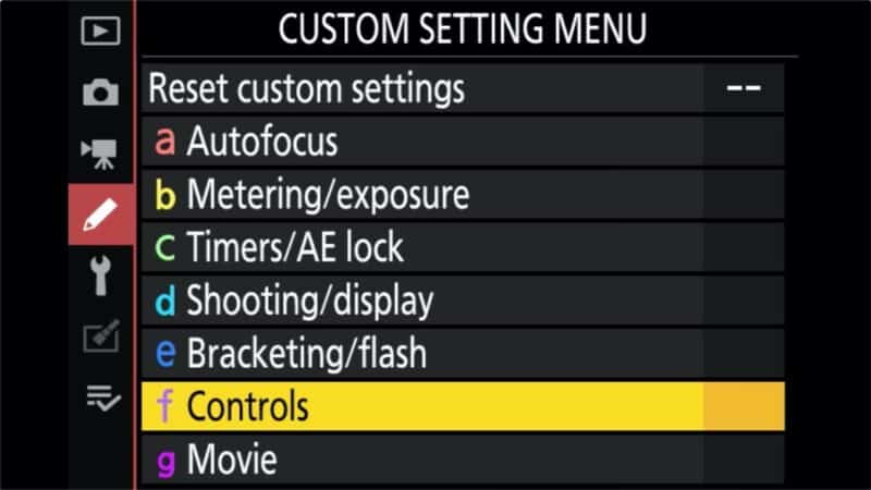 Nikon custom setting menu with the f Controls option highlighted in yellow
