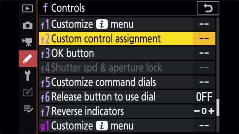 Nikon Controls submenu showing f2 Custom control assignment highlighted