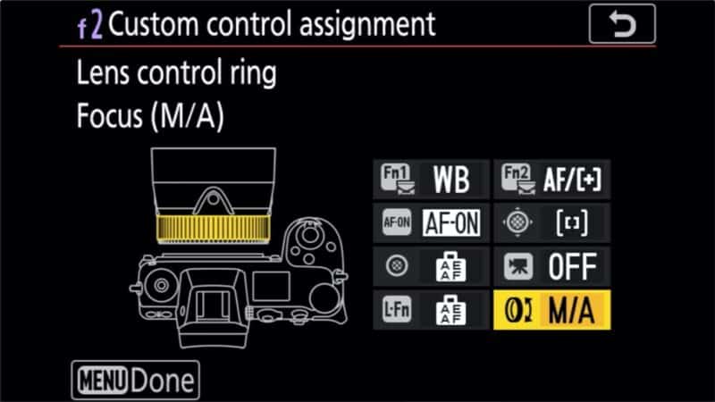 Nikon f2 Custom control assignment screen with lens control ring set to Focus M/A